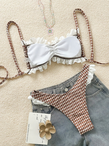 Cute Plaid Bikini Set, Lace Trim Front, Cross-Back Design