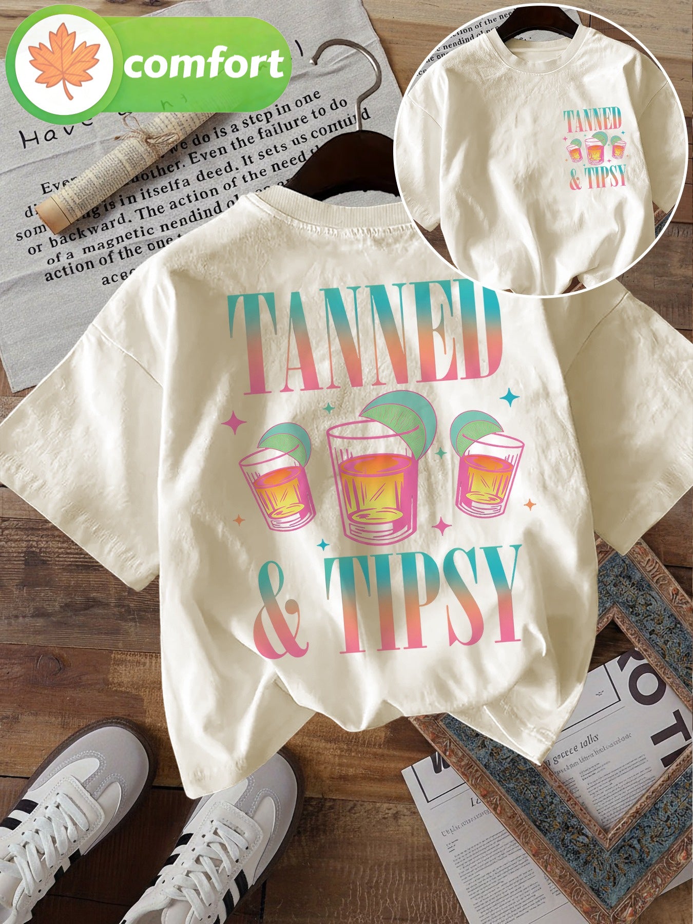 Women’s “Slightly Tipsy” Beach T-Shirt, Lime Wine Glass Print, Loose Fit