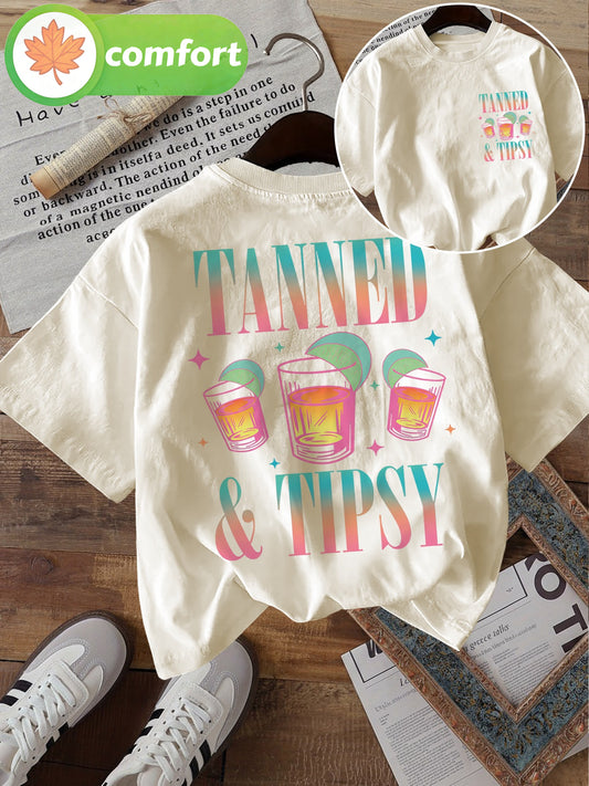 Women’s “Slightly Tipsy” Beach T-Shirt, Lime Wine Glass Print, Loose Fit