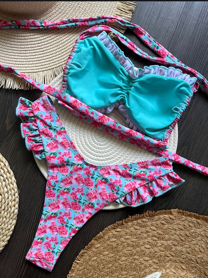 NEW Sweet Floral Bikini Set, Mid-Waist Tie, Cute Bow Detail