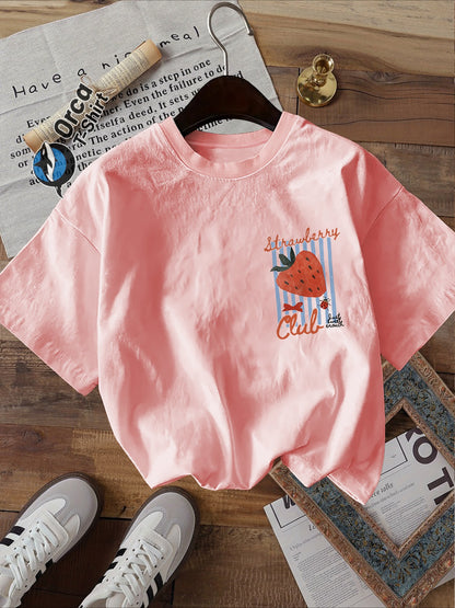 Women’s Strawberry Print T-Shirt, Double-Sided Graphic, Casual Summer Short Sleeve Top