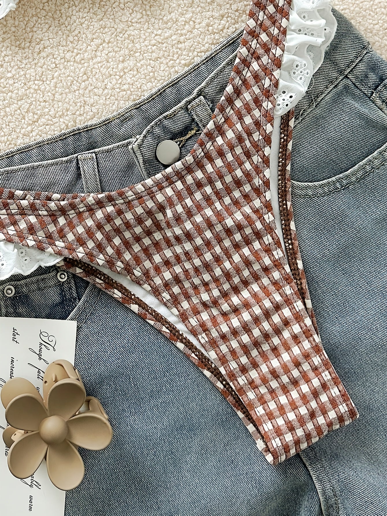 Cute Plaid Bikini Set, Lace Trim Front, Cross-Back Design