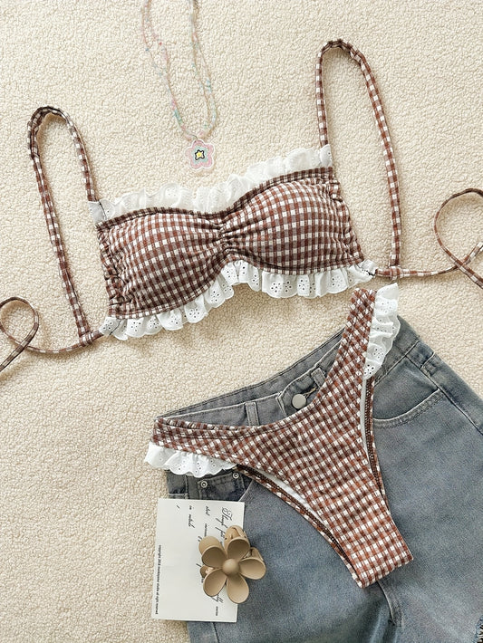 Cute Plaid Bikini Set, Lace Trim Front, Cross-Back Design