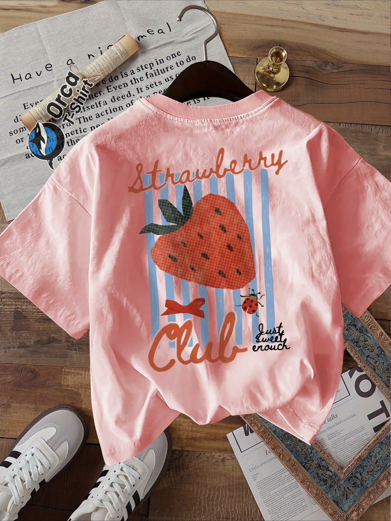 Women’s Strawberry Print T-Shirt, Double-Sided Graphic, Casual Summer Short Sleeve Top