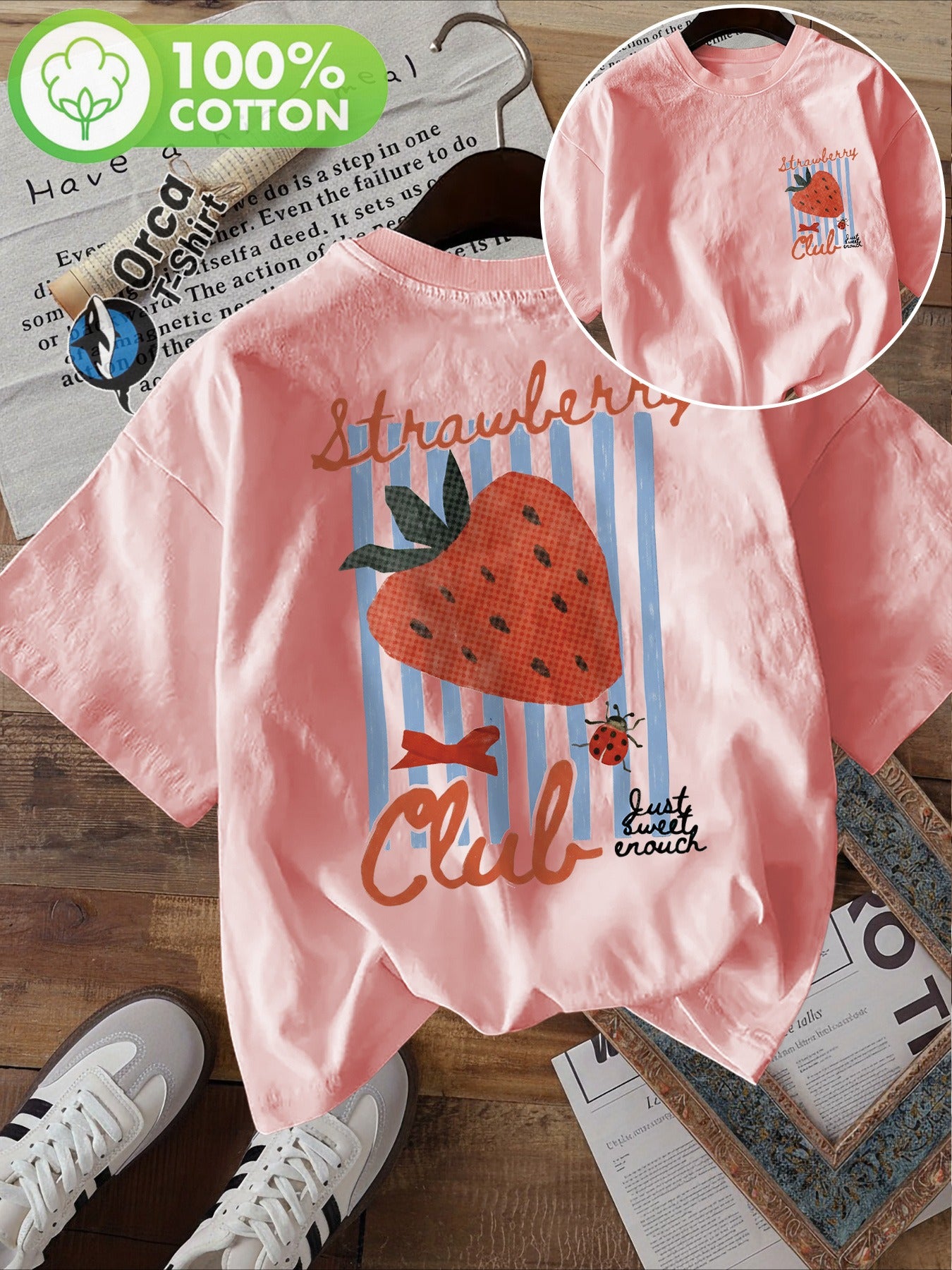 Women’s Strawberry Print T-Shirt, Double-Sided Graphic, Casual Summer Short Sleeve Top