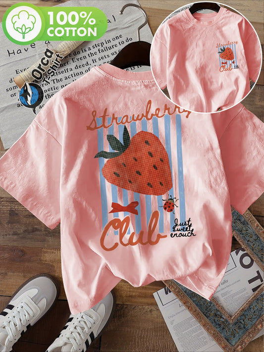 Women’s Strawberry Print T-Shirt, Double-Sided Graphic, Casual Summer Short Sleeve Top