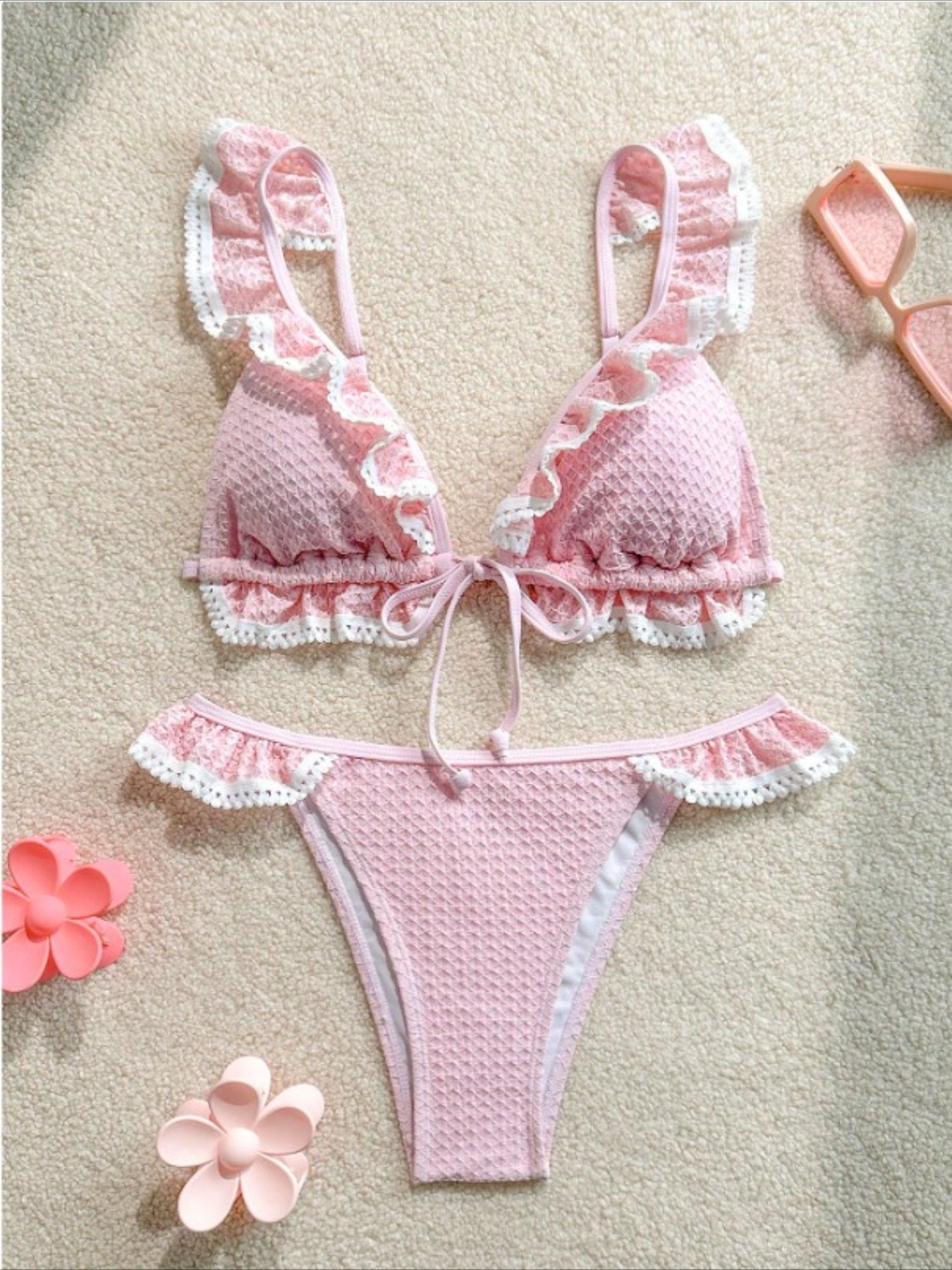 Stylish 2-Piece Women’s Bikini, Lace-Up Detail, Ruffled Edges