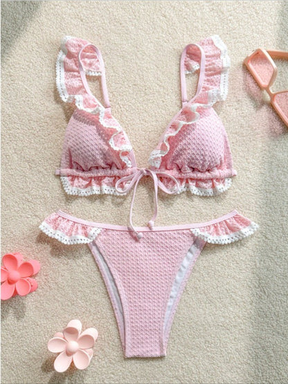 Stylish 2-Piece Women’s Bikini, Lace-Up Detail, Ruffled Edges