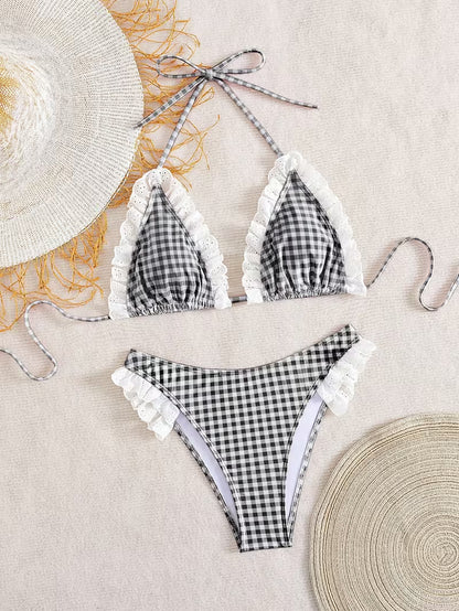 Black & White Plaid Halter Bikini Set with Lace Ruffle Trim