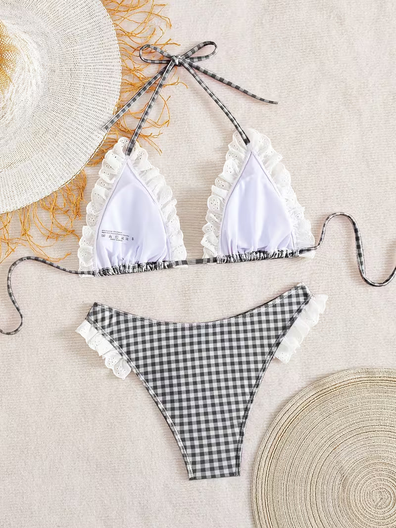 Black & White Plaid Halter Bikini Set with Lace Ruffle Trim