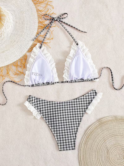 Black & White Plaid Halter Bikini Set with Lace Ruffle Trim